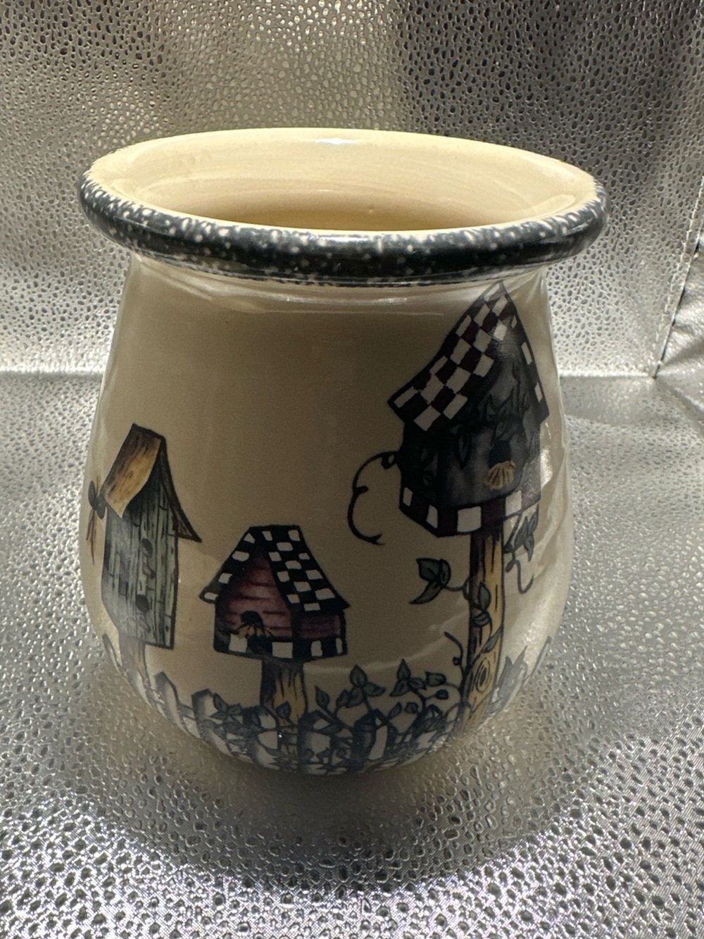 2003 Hand-Painted Ceramic utensils holder with Birdhouse Village Motif - Cream